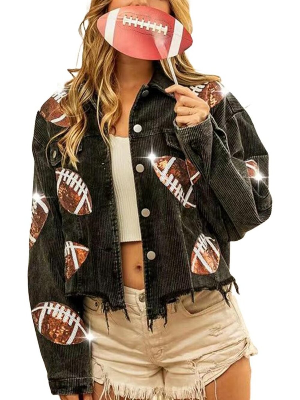 Cropped Corduroy Jacket with Sequin Details | Women's Rugby Patched Shacket